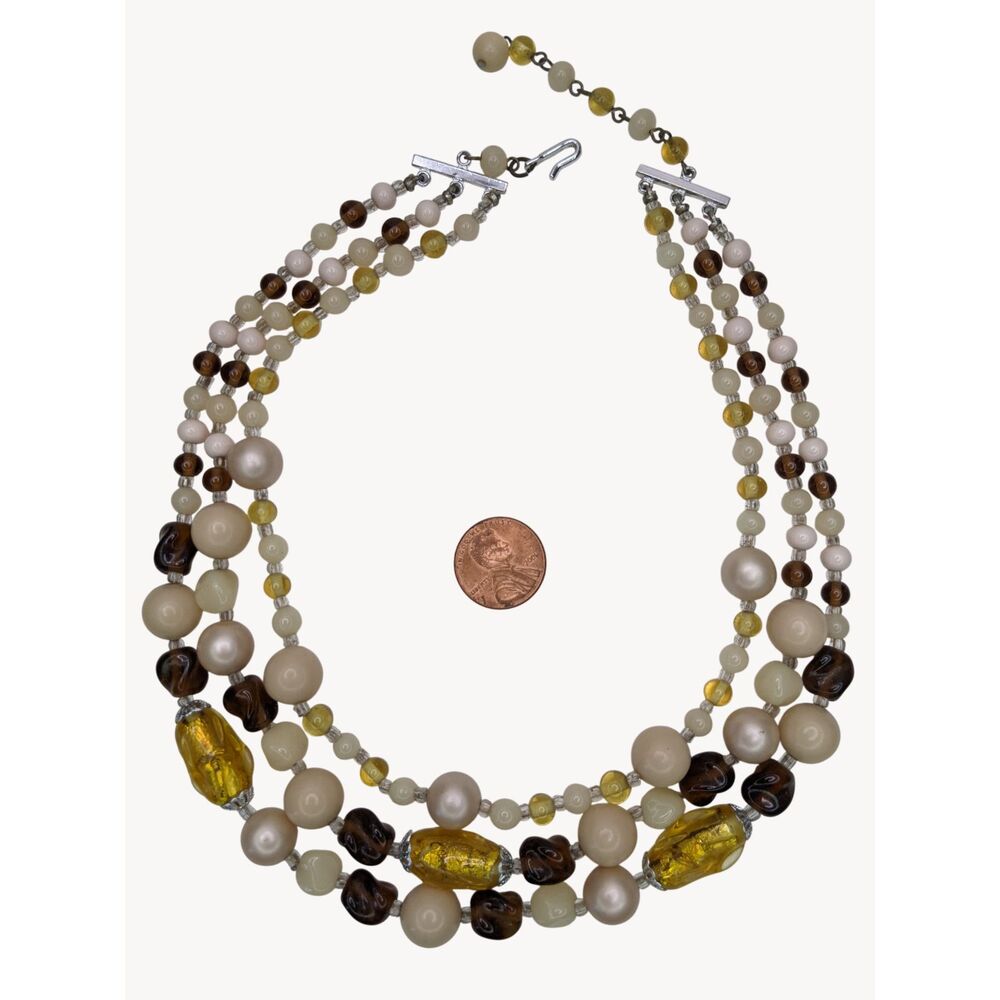Vintage 50s Japan Necklace 3 Strand Foil Glass Beads Lucite Silver Tone Clasp